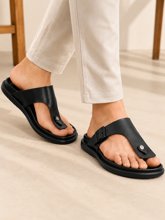 T-strap leather sandal with adjustable buckle