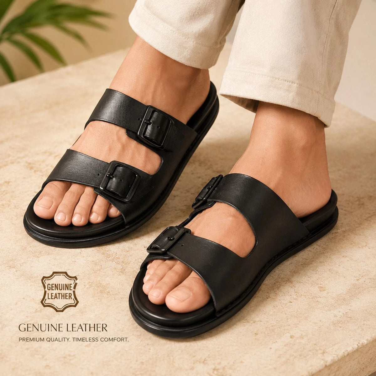 Men's Double Adjustable Straps Leather Sandal