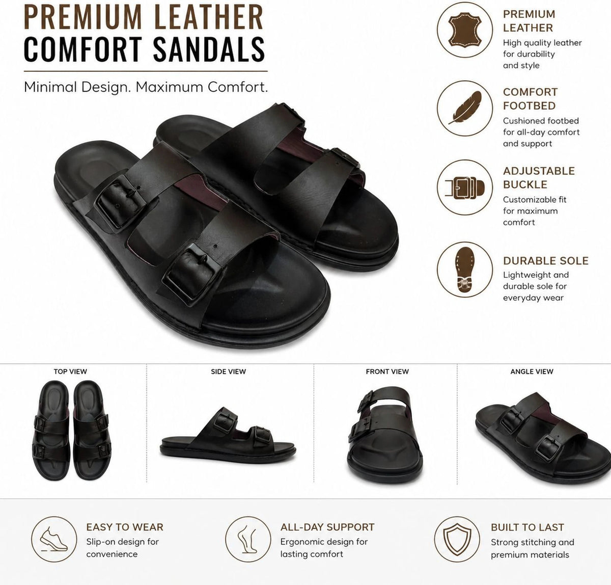 Men's Double Adjustable Straps Leather Sandal