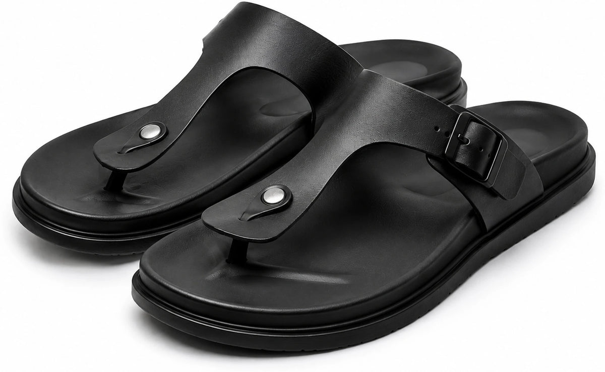 T-strap leather sandal with adjustable buckle