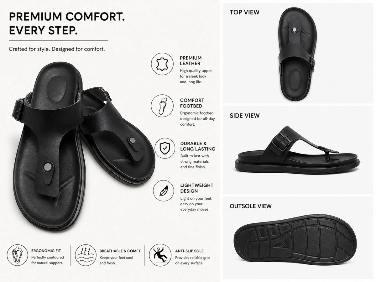 T-strap leather sandal with adjustable buckle