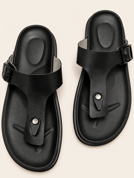 T-strap leather sandal with adjustable buckle